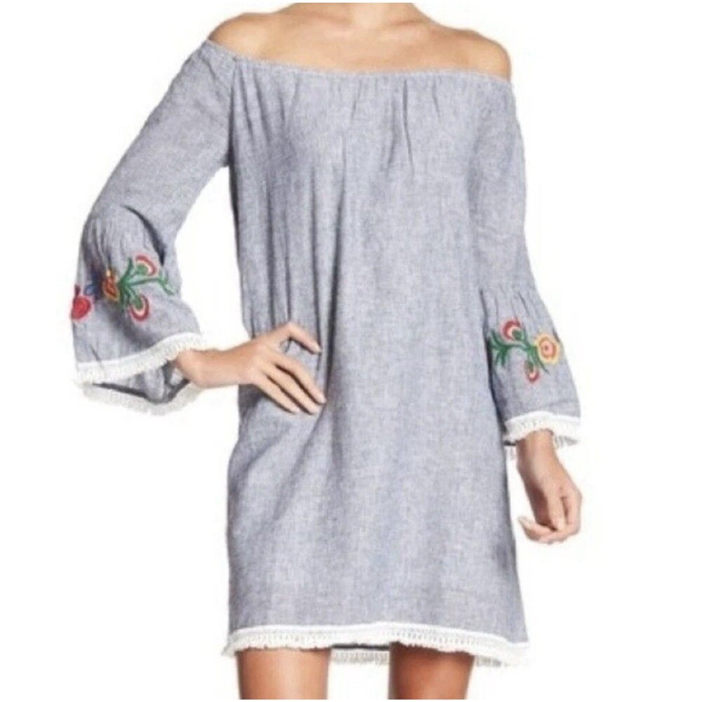 Beachlunchlounge Boho Linen Blend Mini Dress Blue Stripe Floral Embroidery Sz M